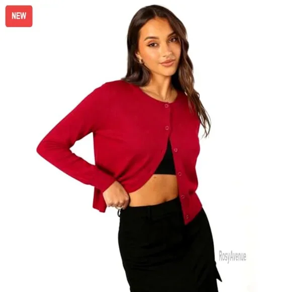 Cropped Cardigan Sweater Long Sleeve Crewneck Knit Button Up Lightweight Shrug - Picture 5 of 7